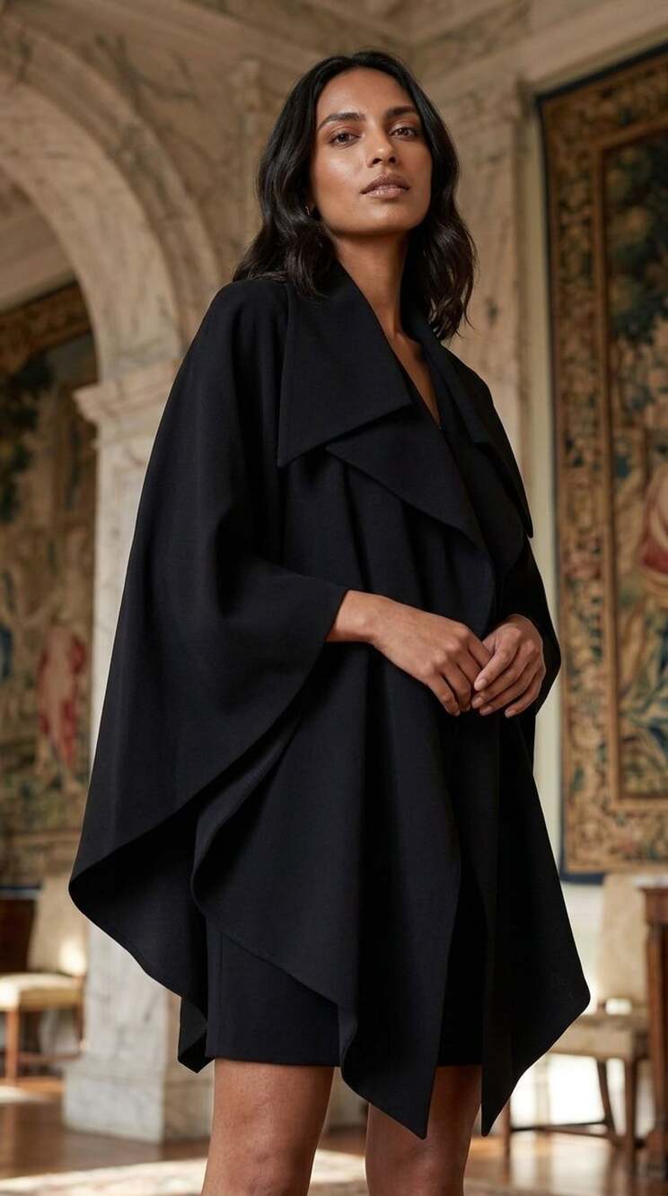 Eskandar Cape Coat Size O/M Black Wool Blend Asymmetric Draped